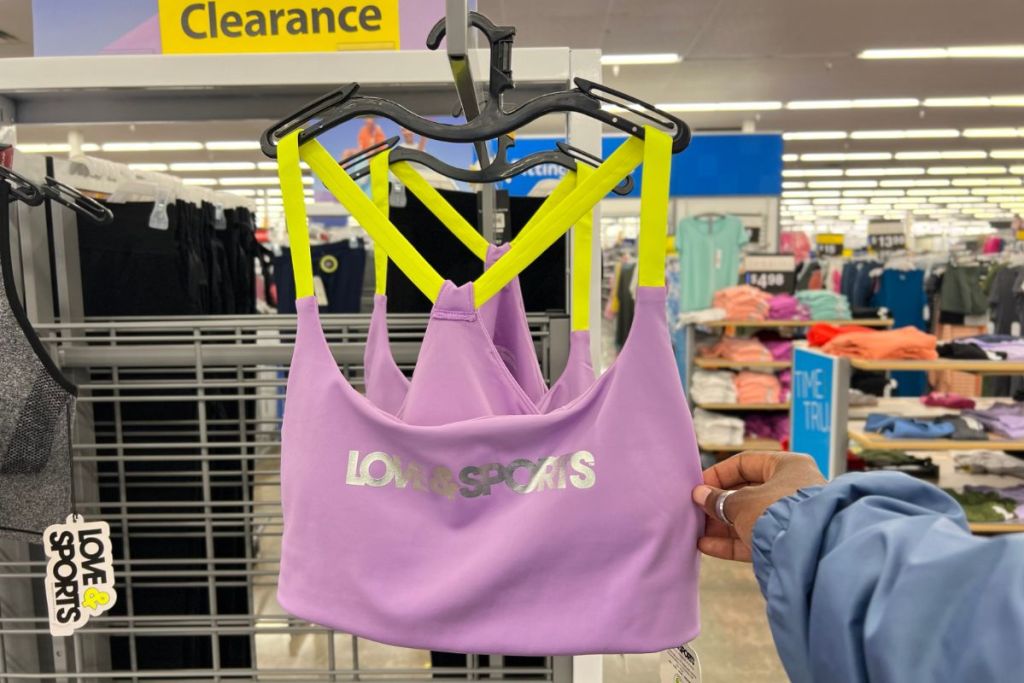 Love & Sports Sprots Bra in Purple & Yellow on clearance rack at walmart
