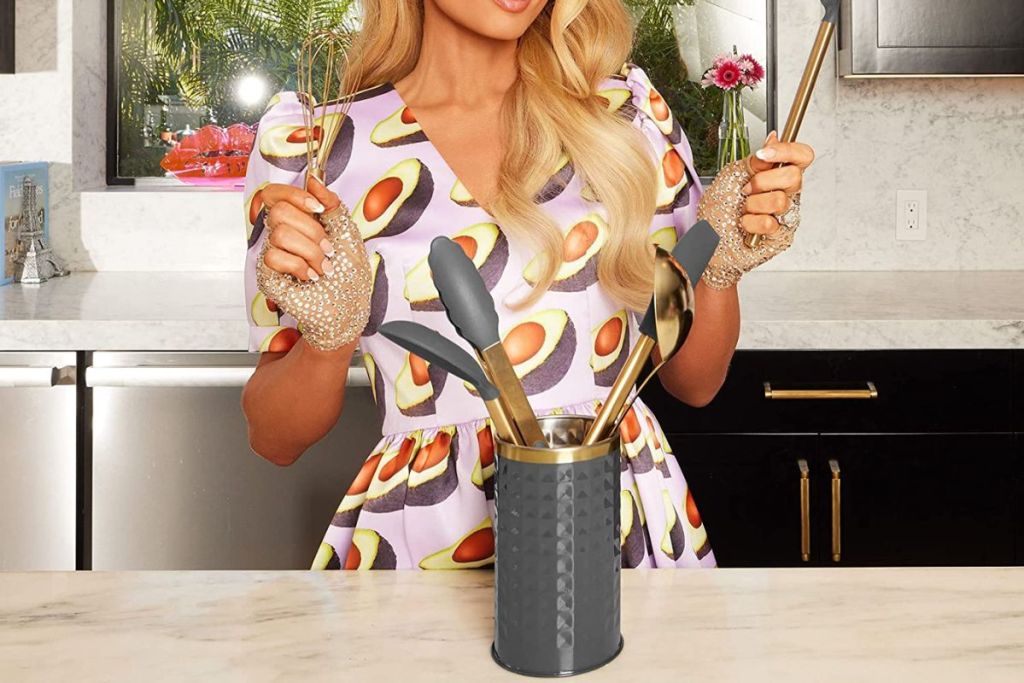  Paris Hilton Kitchen Set Tool Crock with Silicone Cooking Utensils, Stainless Steel Whisk and Ladle, 7-Piece, Gold, Charcoal Gray