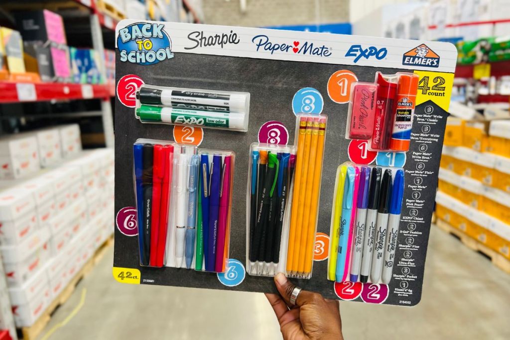 Sharpie PaperMate Expo Back to School Supplies Kit 42-Count in woman's hand at Sam's Club
