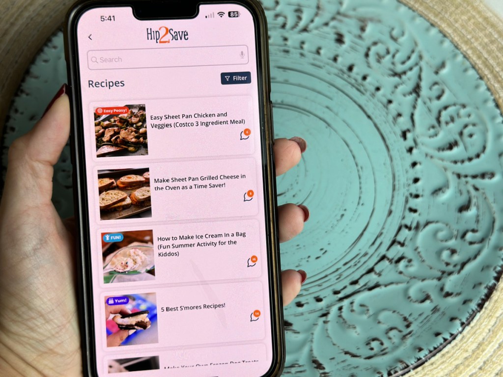 Hand holding a phone and browsing recipes on the Hip2Save app