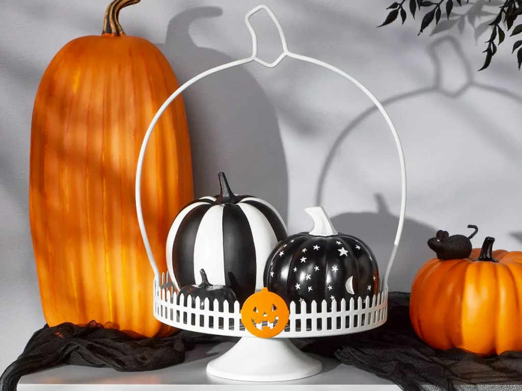 white tray with black and white pumpkins on it