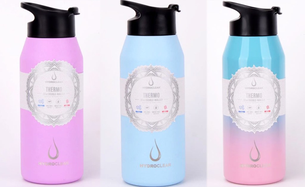 pink and blue water bottles