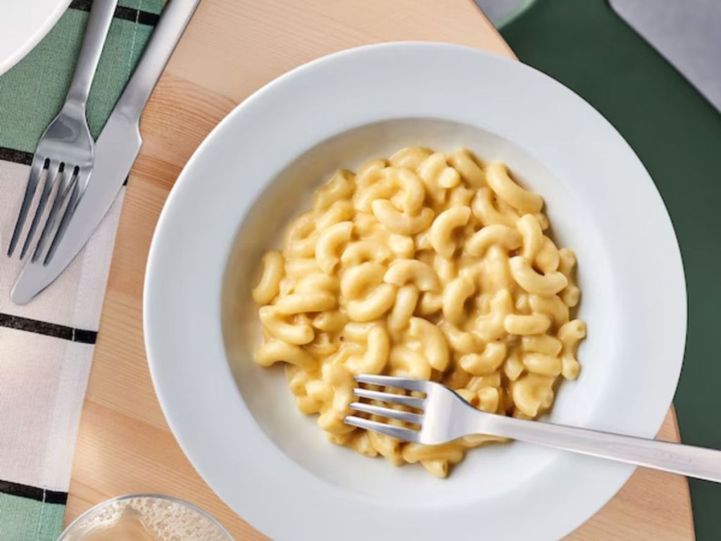 a bowl of IKEA mac and cheese with a fork 