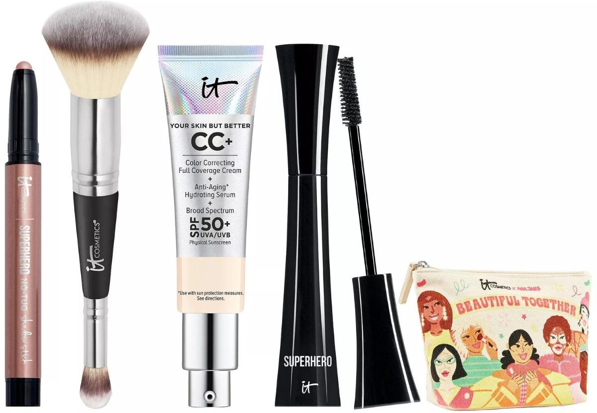IT Cosmetics makeup with brushes and a makeup bag 