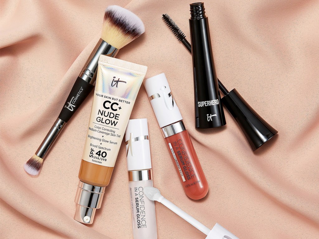 it cosmetics cc cream, brush, mascara, and two lip products