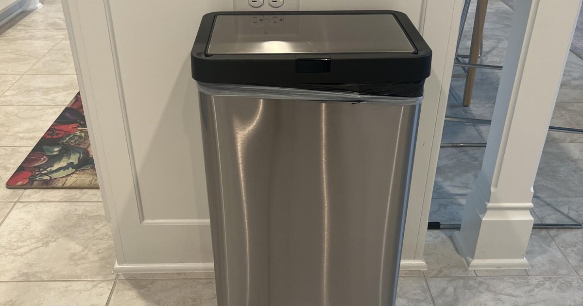 stainless steel garbage can in kitchen