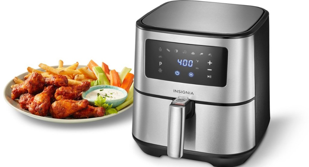 Insignia 5-Quart Digital Air Fryer with plate of food