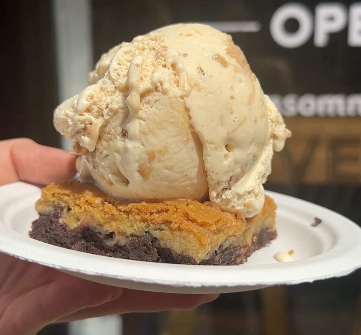 Insomnia cookies cheesecake blondie with ice cream on top