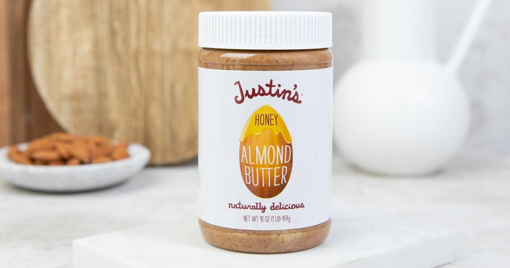 jar of Justin's Honey Almond Butter on kitchen counter