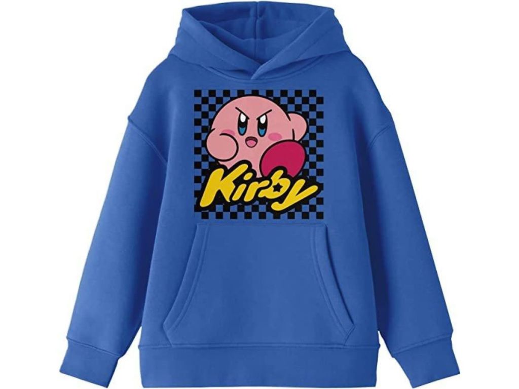 A blue sweatshirt with Kirby on it