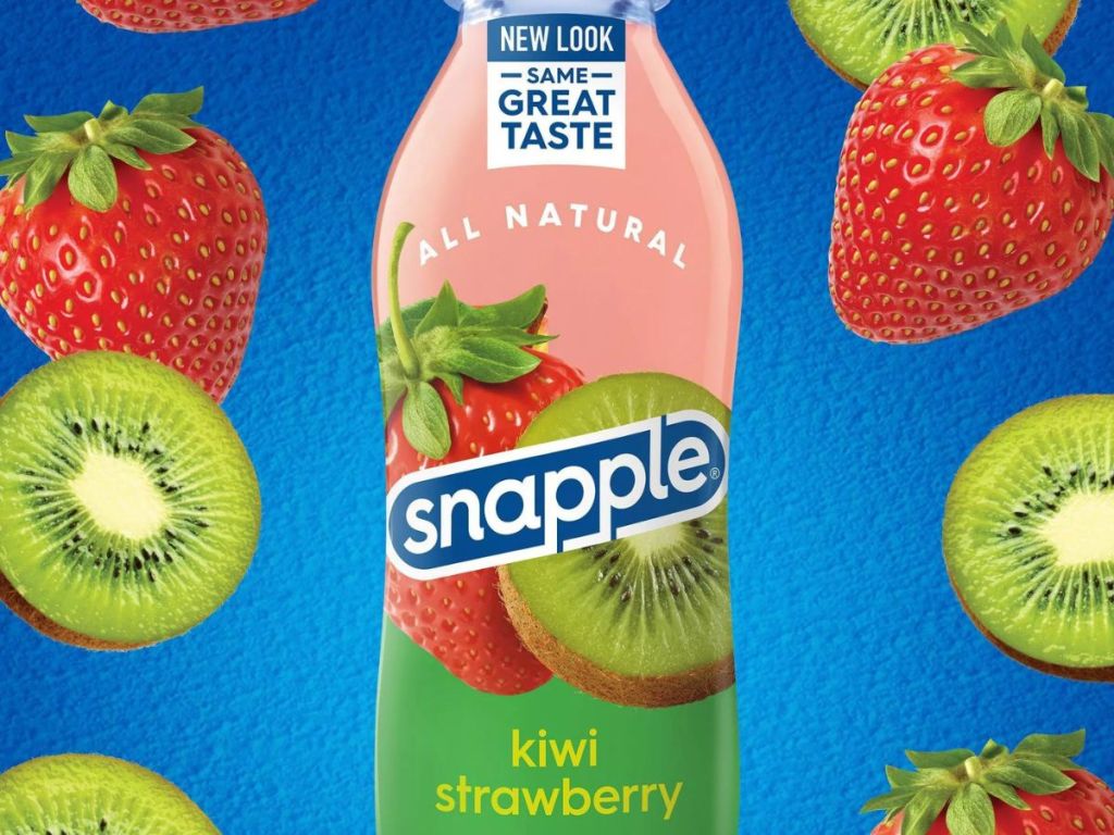 A bottle of Kiwi Strawberry Snapple surrounded by strawberries and kiwi