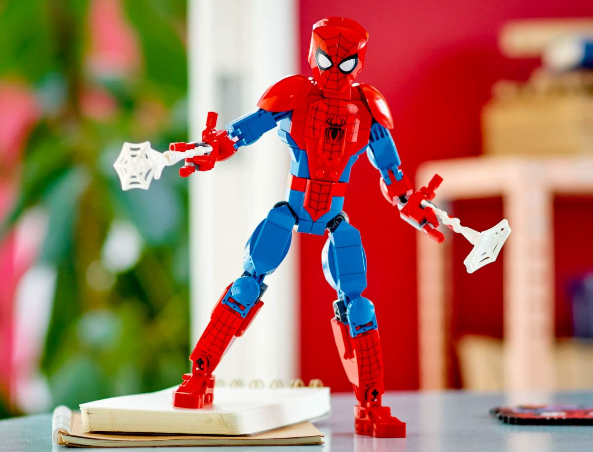 LEGO Marvel Spider-Man fully articulated action figure on a stand and shooting webs