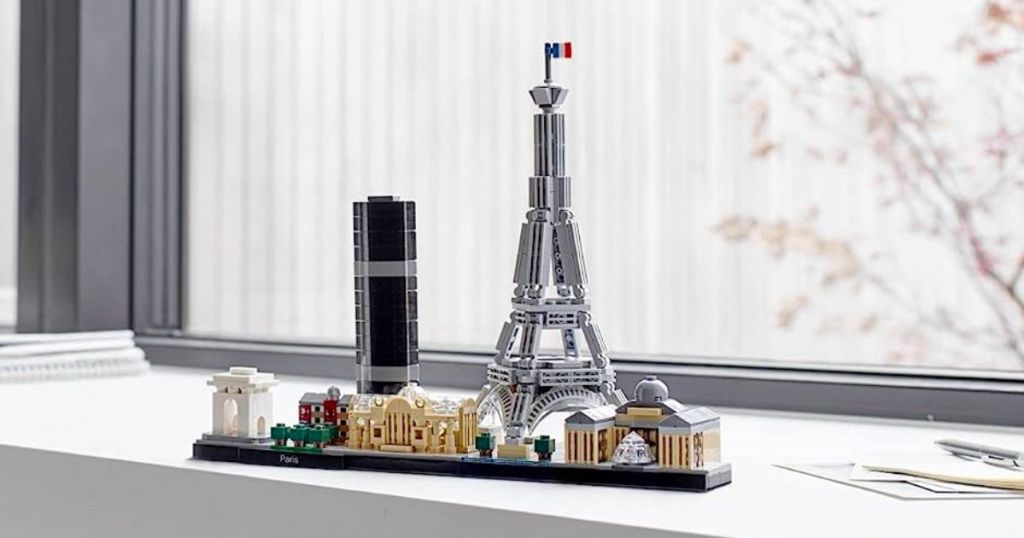 LEGO architecture paris building set with eiffel tower constructed and sitting on a window ledge
