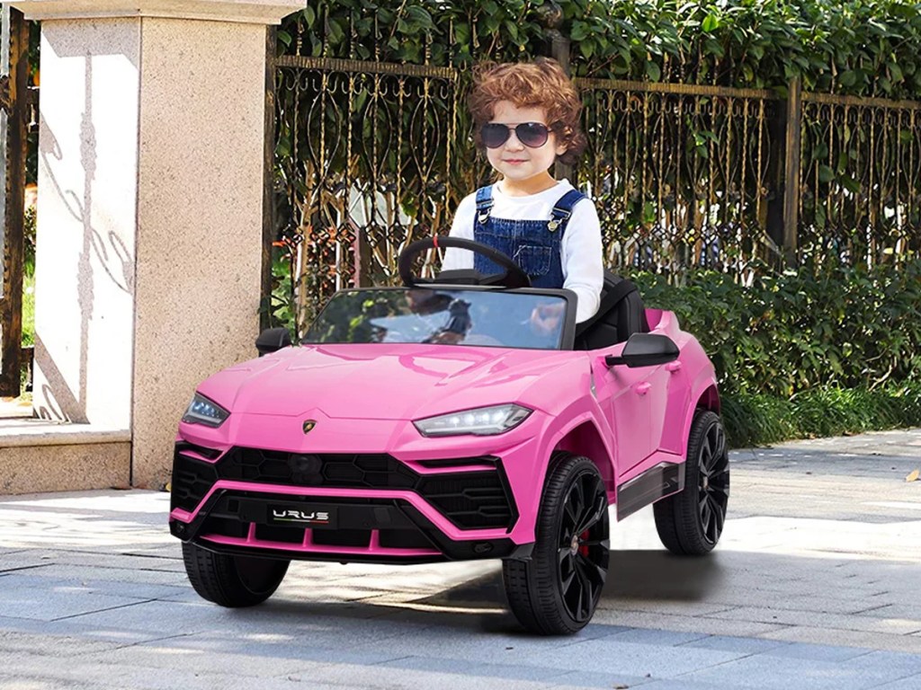 kids riding in a pink Lamborghini 12 V Powered Ride on Car