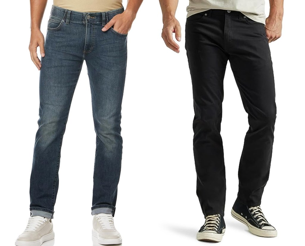 men in dark wash and black jeans