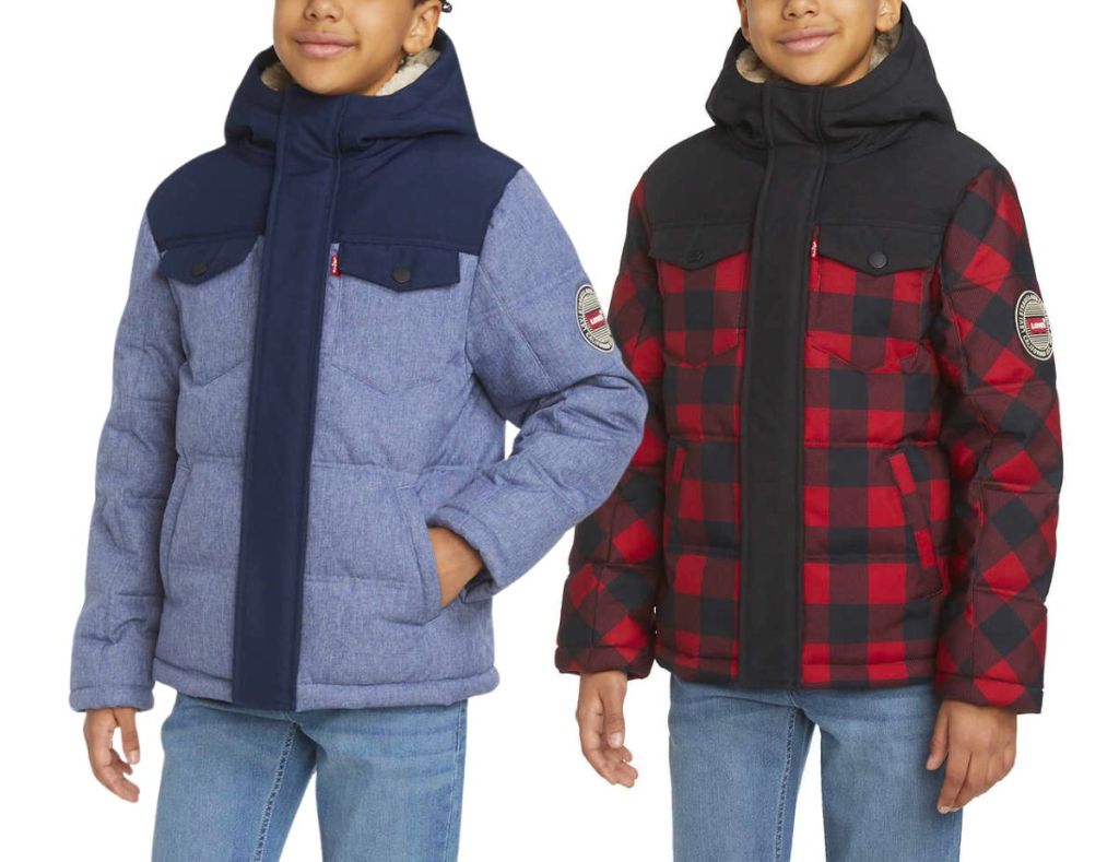 two boys Levi's Youth Trucker Jackets in blue and red buffalo check