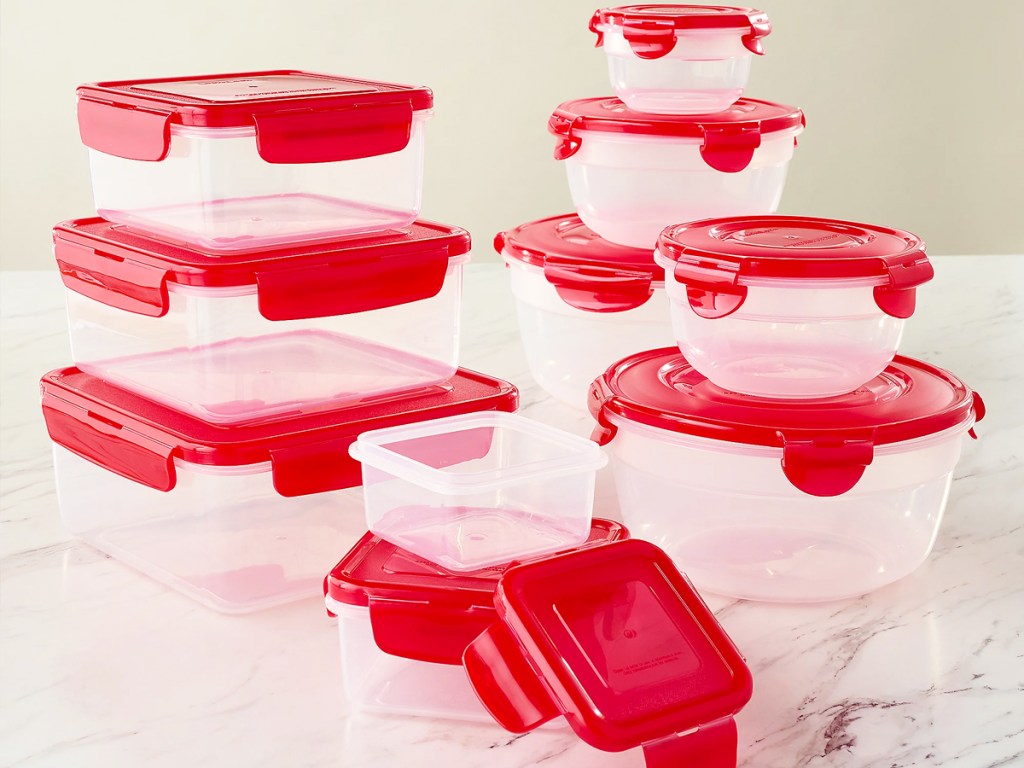 set of round and square food containers with red lids