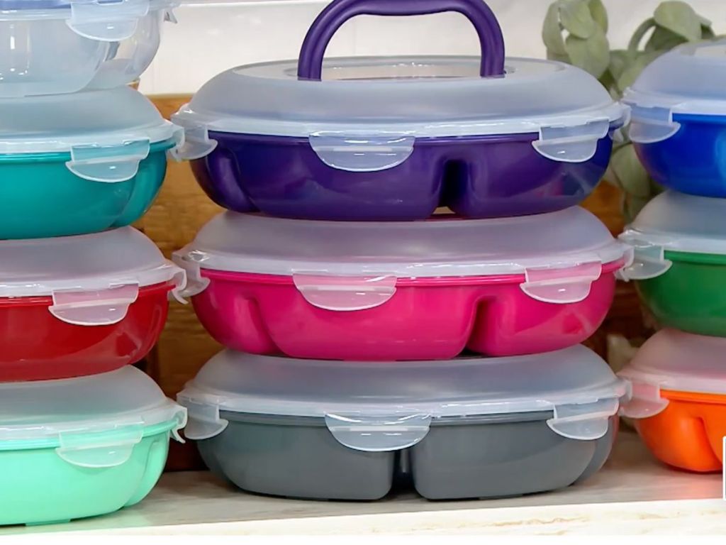 Stacked LocknLock Veggie Trays in many different colors