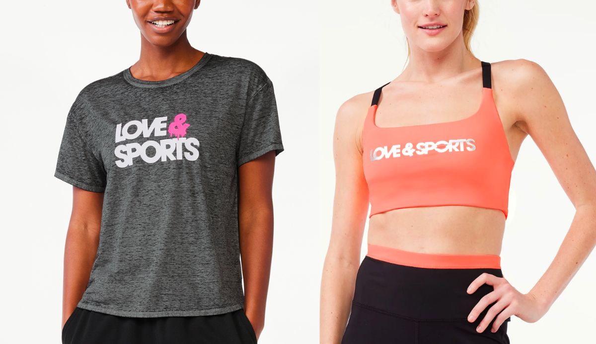 TWO MODELS wearing a Love Sports Womens Logo Tee and logo sports bra