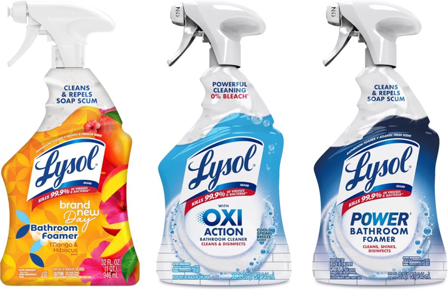 3 bottles of Lysol Bathroom Cleaner Sprays in a row