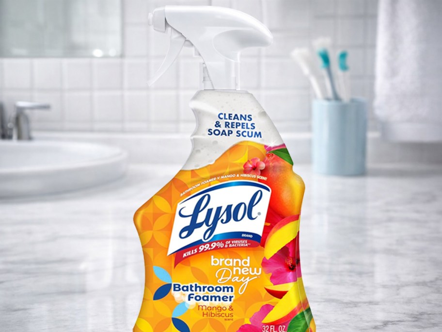 bottle of Lysol Foaming Bathroom Cleaner Spray on bathroom counter