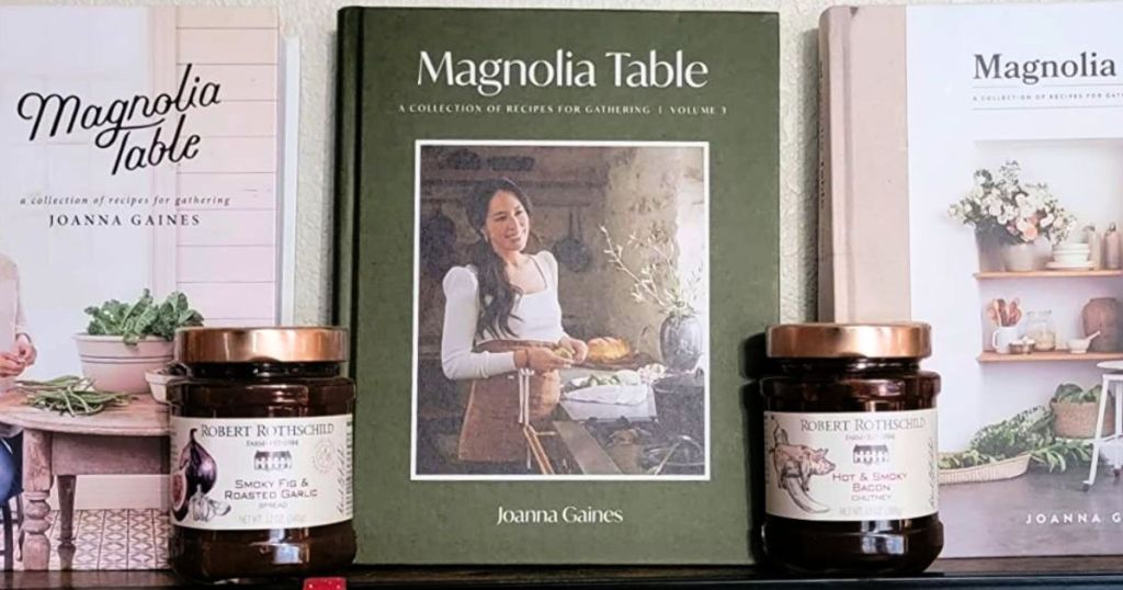 Magnola Table Volume 3 Cookbook on a shelf with the other 2 cookbooks