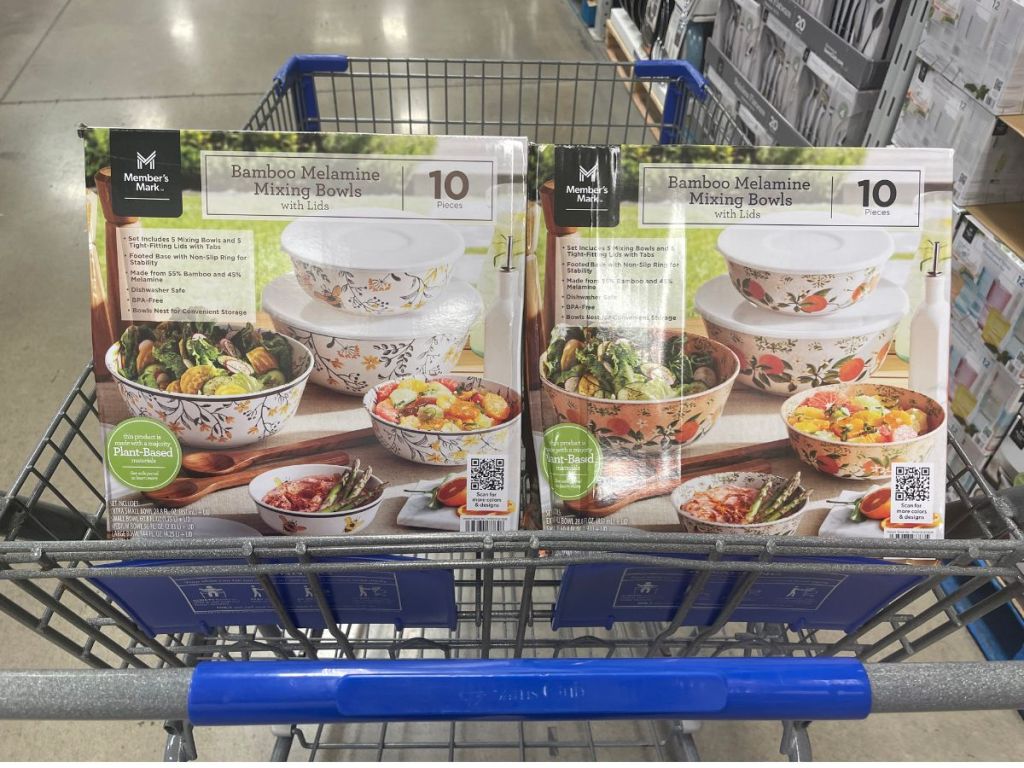 2 boxes of Member's Mark 10-Piece Bamboo Melamine Mixing Bowl Sets in Sam's Club shopping cart