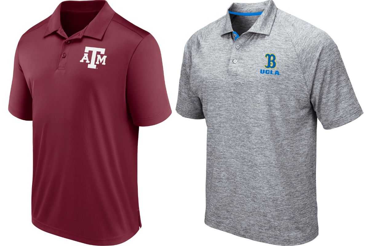 Men's ncaa polos Texas A7M and ucla stock images