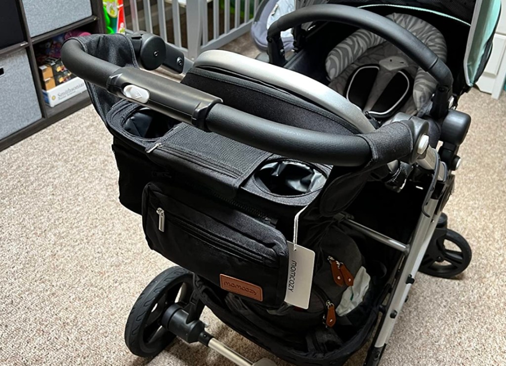 Stroller organizer bag on the back of a stroller