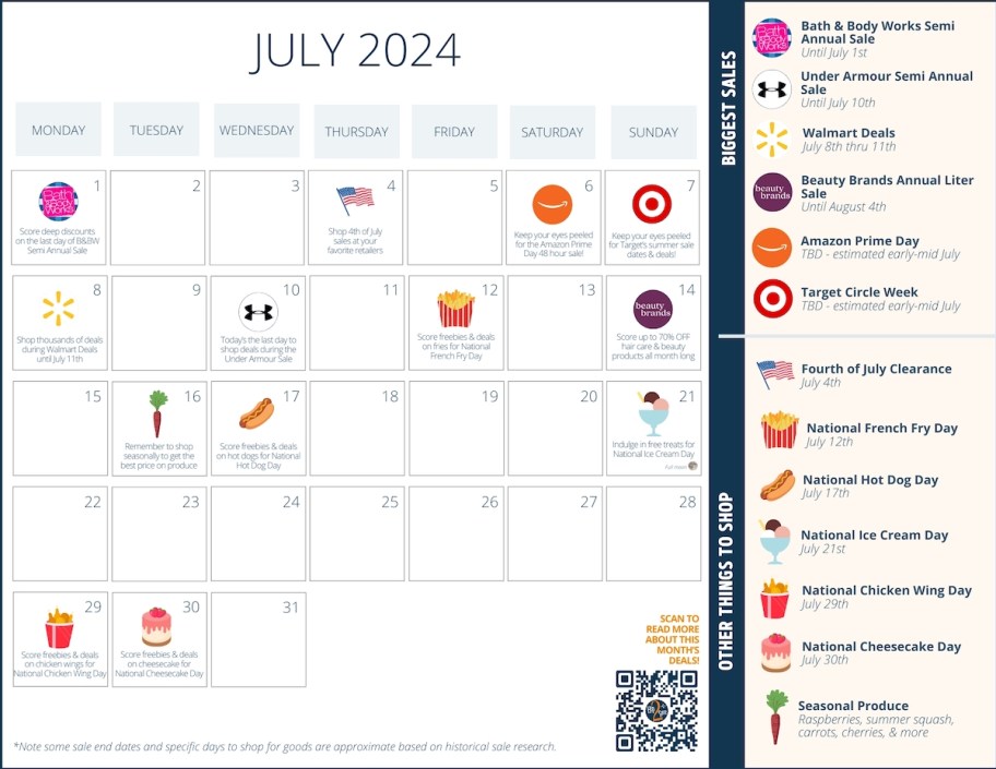 graphic calendar of july 2024 deals and sales