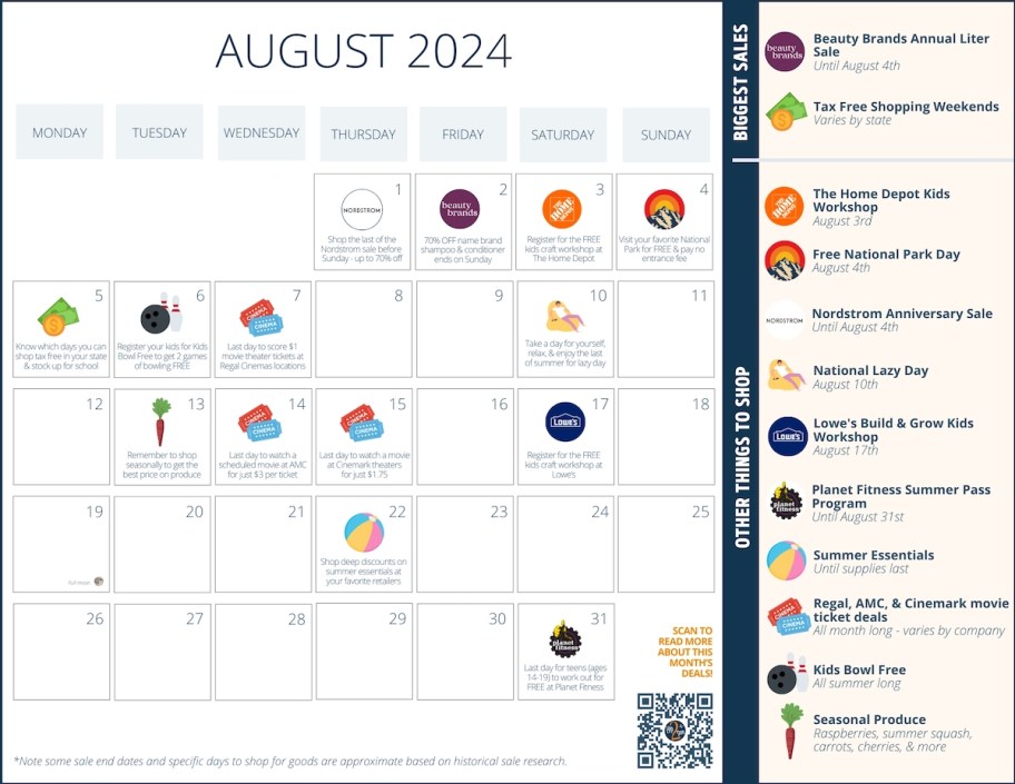 calendar graphic of various sales and deals for shop in august 2024