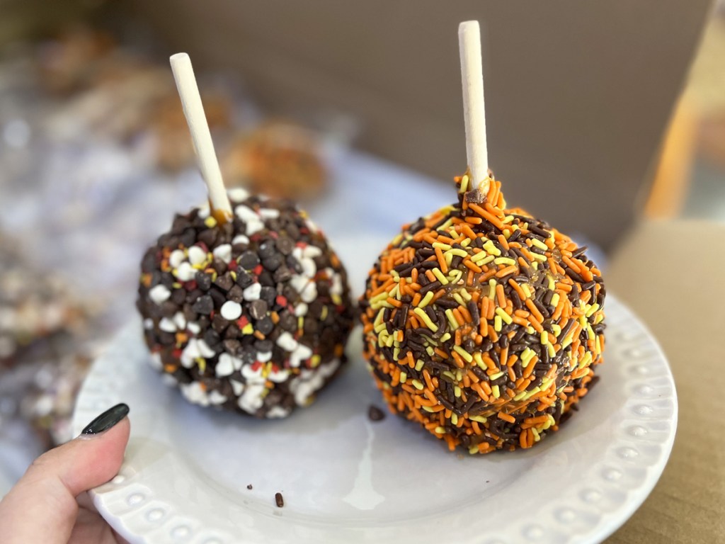 hand holding a plate with two sprinkled covered caramel apples