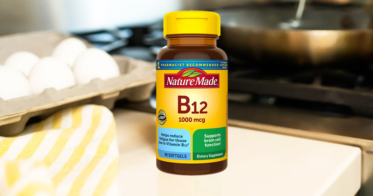 bottle of Nature Made Vitamin B12 on kitchen counter