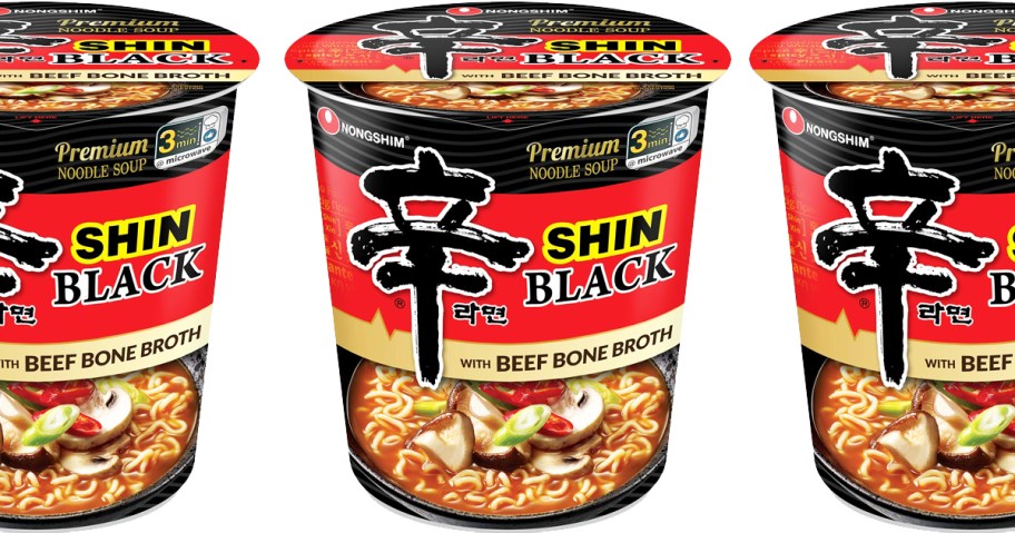 black and red bowls of Nongshim Shin Black Beef Noodle Soup