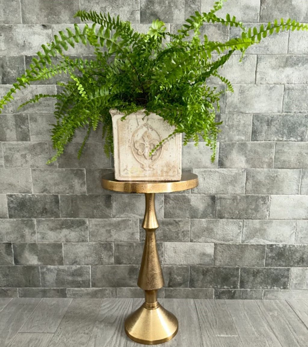 Gold side table with a plant on it