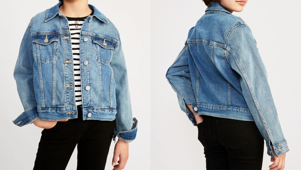 front and back view of a girl in a jean jacket
