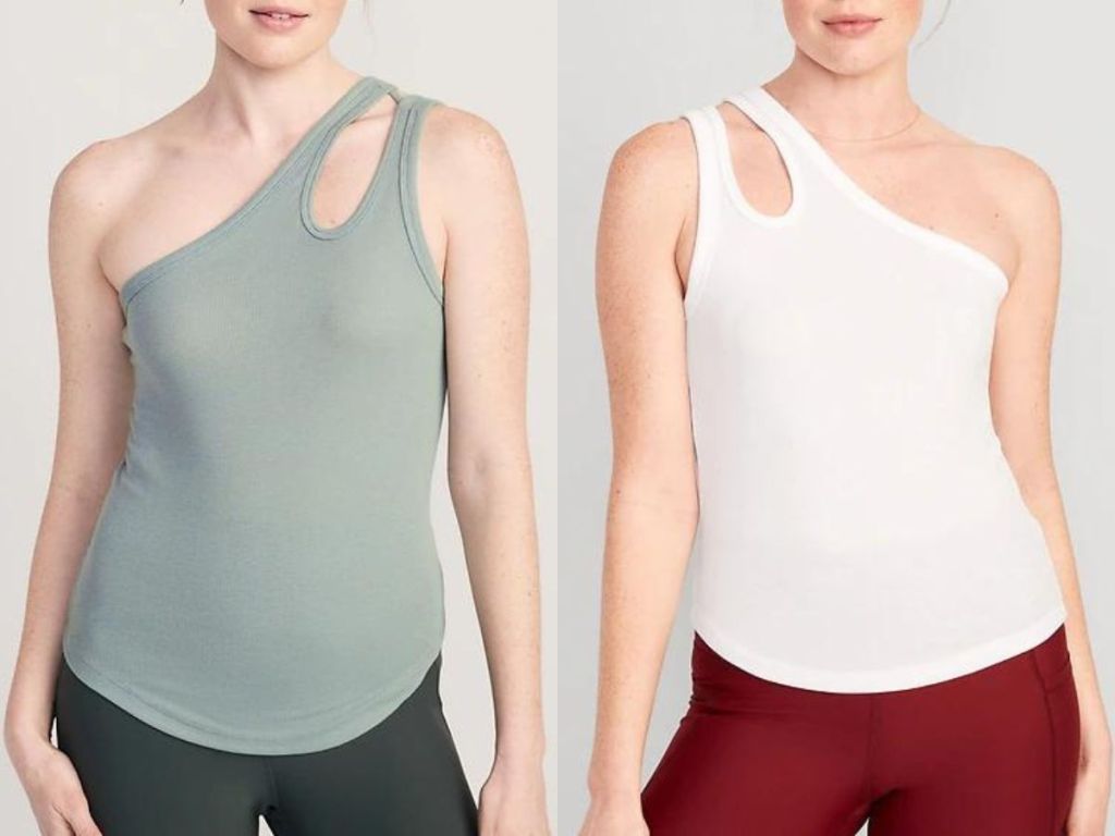 Stock images of two women wearing Old Navy one-shoulder tank tops