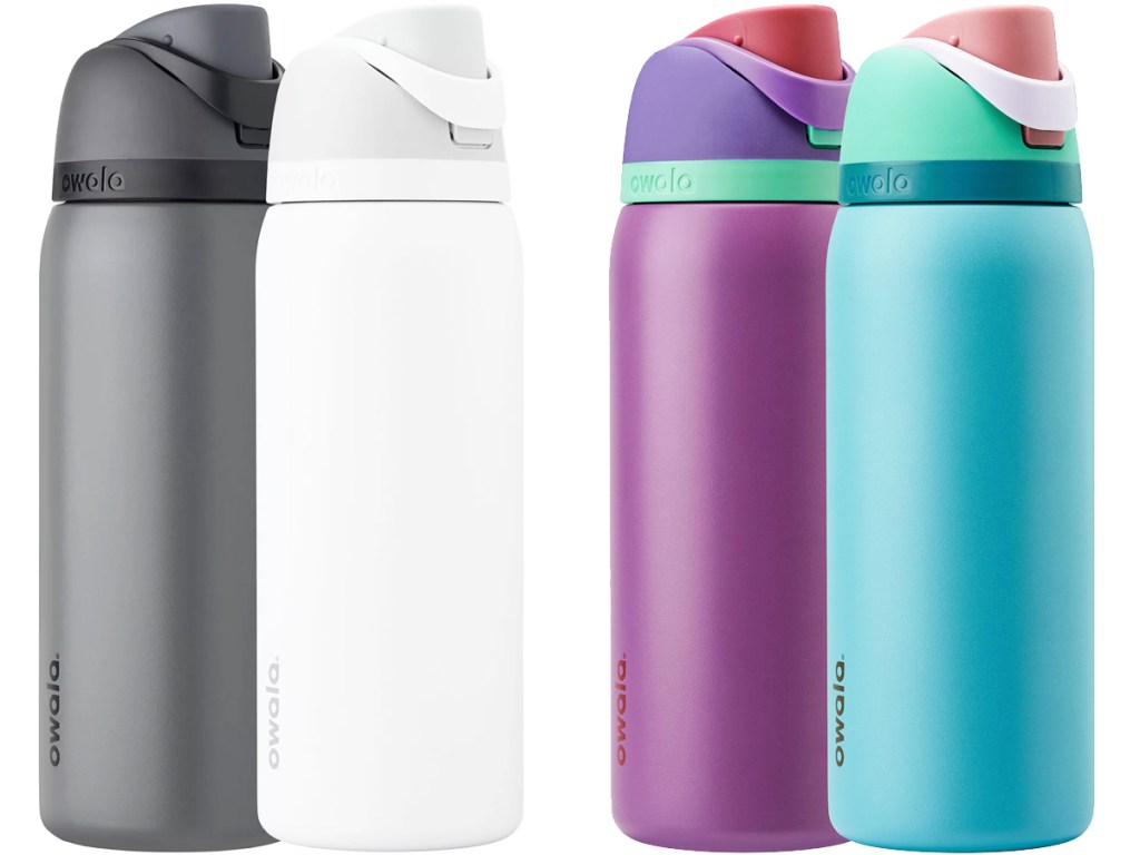 black, white, purple, and blue water bottles