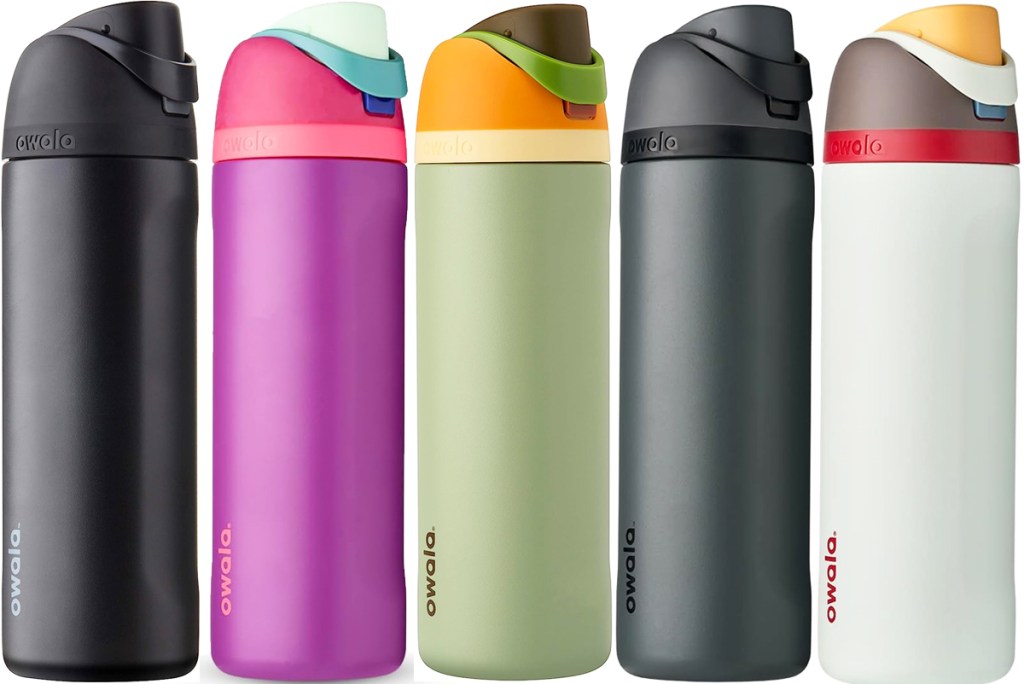 5 owala water bottles in various colors