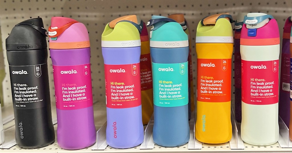 colorful owala water bottles on a target store shelf