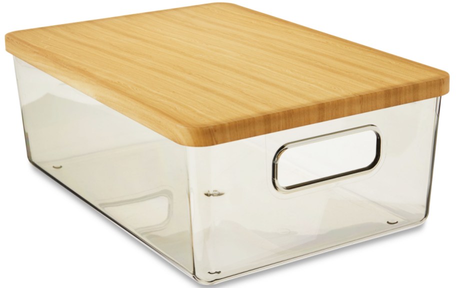 clear storage box with wood lid