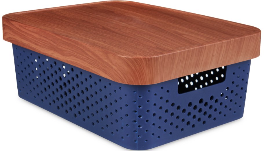 navy blue storage box with wood lid
