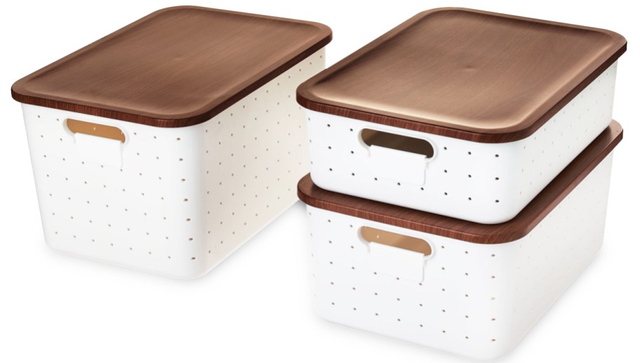 set of 3 white storage boxes with wood lids