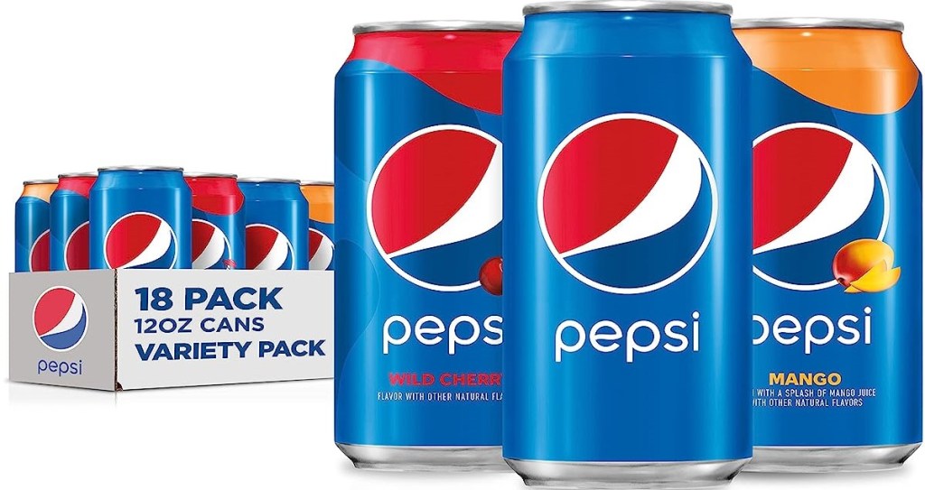 Three cans of Pepsi and a box of Pepsi behind them