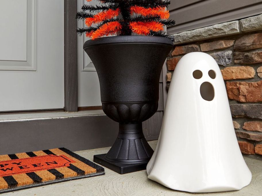Place & Time 18" Halloween Outdoor LED Ceramic Ghost on porch