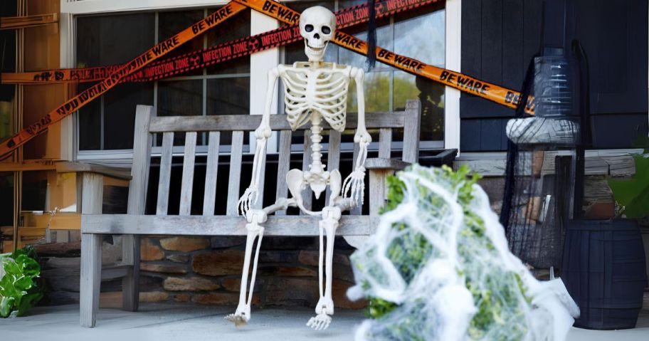 Place & Time 5ft Halloween Posable Skeleton on porch