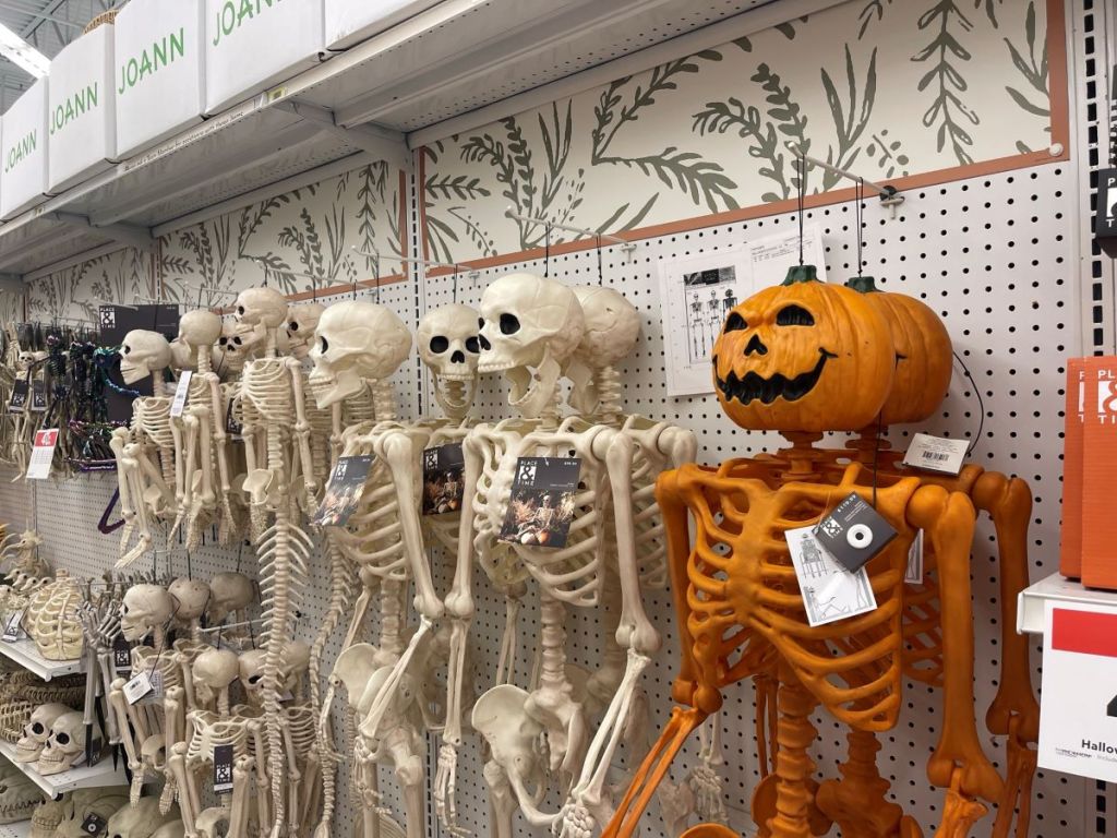 Row of skeletons at a Joann store on display