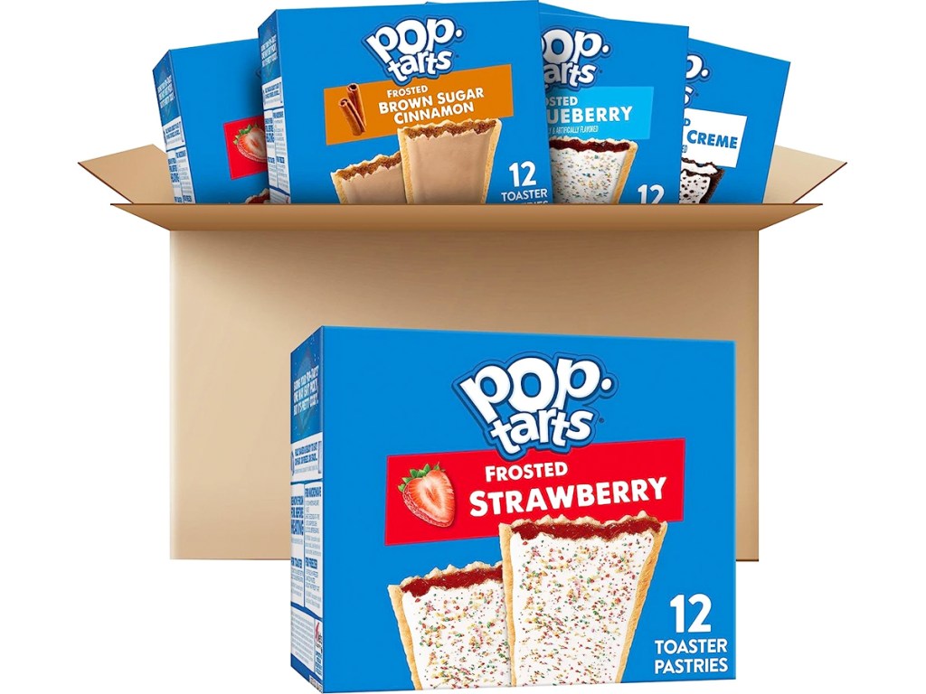 boxes of pop-tarts inside and in front of a brown cardboard box