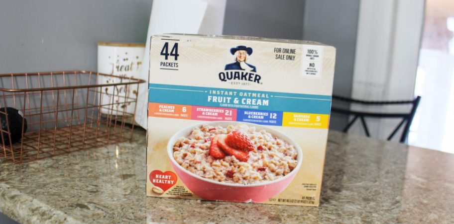 a 44 pack of fruit and cream quaker oatmeal on a kitchen counter