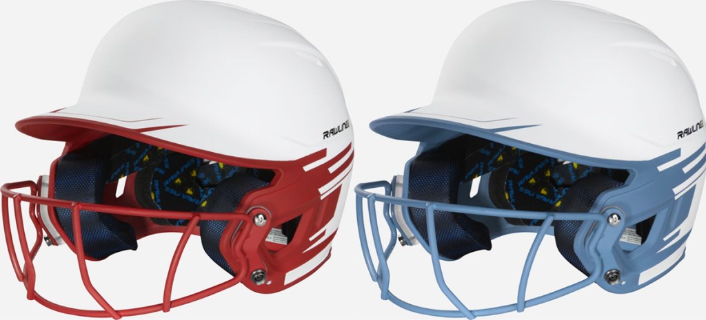 two white softball batting helmets